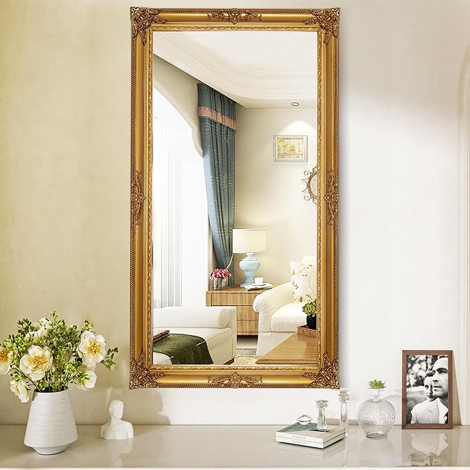 Large Decorative Mirror, 53"x29.5"Traditional Antique Baroque Mirror, Vintage Gold Decor for Living Room, Fireplace, Entryway, Horizontal/Vertical