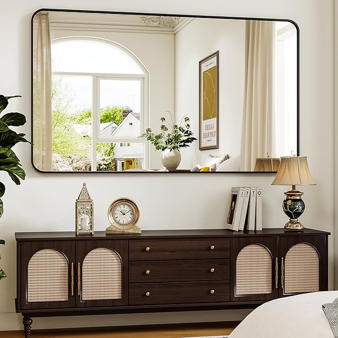 30 x 48 Inch Bathroom Mirror, Rounded Rectangular Vanity Mirror for Wall, Modern Mirror for Room Decor, Black Framed Wall-Mounted Mirrors for Home Decor, Hangs Horizontally or Vertically