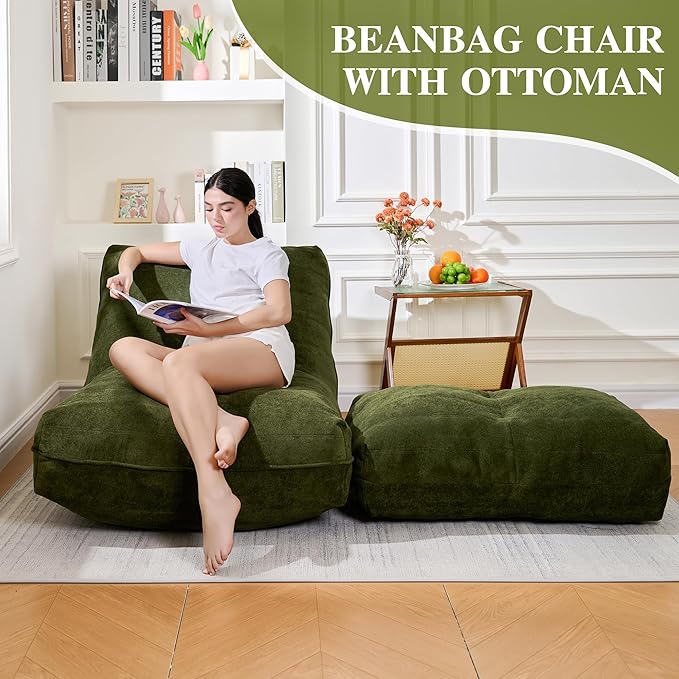 Bean Bag Chair with Ottoman, Comfy Bean Bag Sofa with Memory Foam, Lazy BeanBag Sofa with Footstool, Fireside Bean Bag Couch for Living Room, Bedroom, Apartment (Green)
