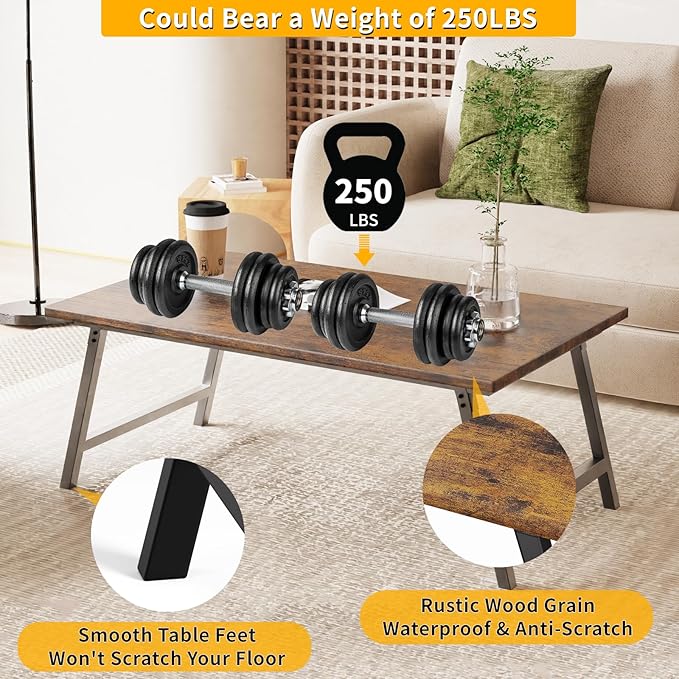 Folding Coffee Table, Portable Wood Low Table with Metal Legs, No Assembly Required, Small Foldable Floor Desk for Living Room/Tea Room/Small Spaces (39.4in x 23.6in x 15.8in) (Rustic Brown)