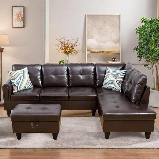 L Shaped Sectional Couches, Leather Couch Modular Sectional Sofa with Ottoman Storage, Modern L Shaped Couch with Chaise for Living Room Bedroom Apartment Furniture, Black