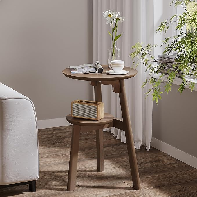 ChooChoo Round End Table Set of 2, Narrow Side Table for Small Spaces, Accent Table Night Stand with 2 Tier Shelf for Bedroom and Living Room, Walnut