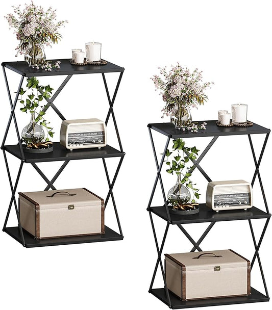 3-Tier End Table Set of 2 Small Side Table Tall Bedside Night Stand with Storage Sofa Side desks for Living Room Bedroom Office Bathroom Small Space, Black ET-03BK-2