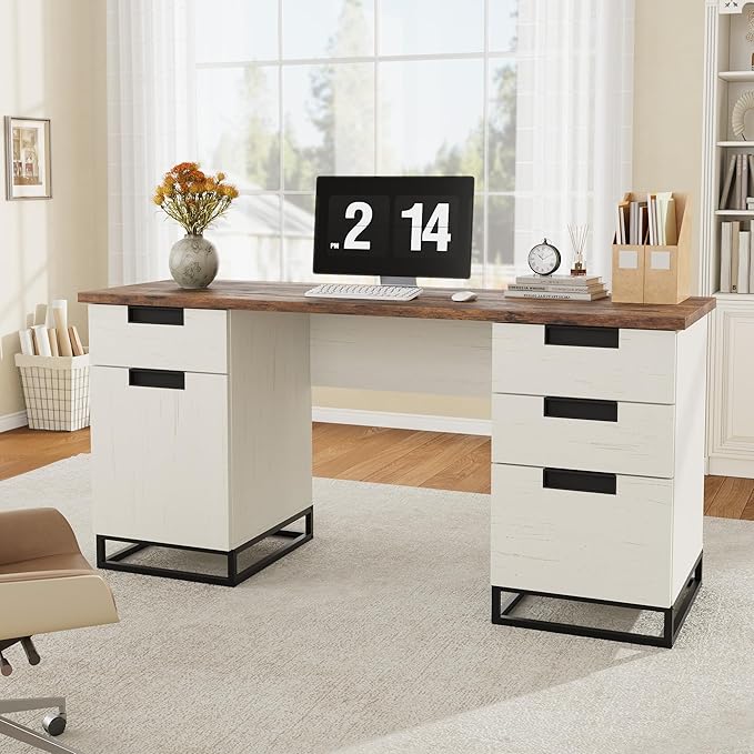 Garvee 59" Farmhouse Executive Desk, Home Office Desk with File Drawer and Storage Cabinet, Wooden Computer Table with 3 Drawers for Work and Study (Vintage)