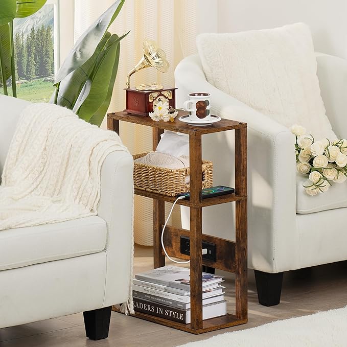 3-Tier Small Narrow Wood Side Table Set of 2 with Charging Station - Skinny Nightstand for Small Spaces, Slim Bedside Table with USB Ports and Outlets - Thin End Table with Storage, Brown
