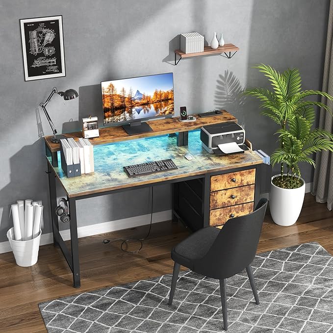 Lufeiya Reversible Gaming Desk with LED Lights and Power Outlets, 47 inch Home Office Desk with Monitor Stand, Computer Desk with Fabric Drawers, Rustic Brown