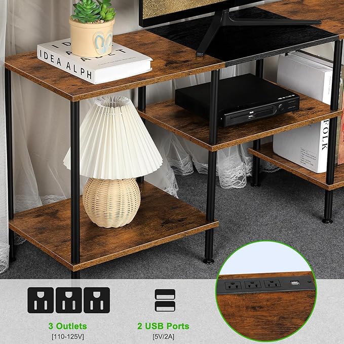 TV Stand for Bedroom 50 Inch TV Stand with Power Outlet 3 Tier Entertainment Center with Storage TV Console Table for 50 43 40 32 Inch TV, Rustic Brown