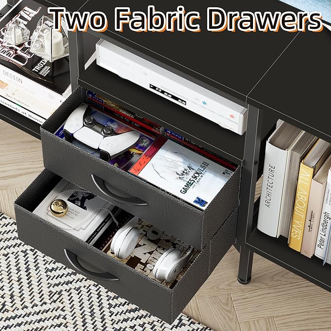 Small TV Stand with Fabric Drawers/LED Light for 55 inch TV, Entertainment Center with Storage Open Shelves，Media Console Table for Living Room, Bedroom, Black