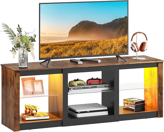WLIVE LED TV Stand for 65 Inch TV, Modern Entertainment Center with Adjustable Glass Shelves & Customizable LED Lights, Sturdy Media Console for Living Room, Bedroom,Gaming (Brown)