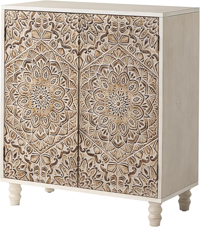 COSIEST Set of 3 32" Buffet Sideboard Cabinets with Vintage Firework Carved Pinewood Doors, Push-to-Open Storage Accent Cabinets, Gray