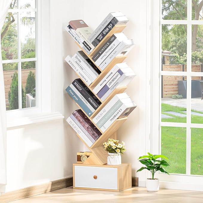 8 Tier Tree Bookshelf with Drawer, Free Standing Wood Bookcase for Narrow Space, Storage Organizer Bookshelves for Books, Book Case for Home Office, Living Room, Bedroom - Natural