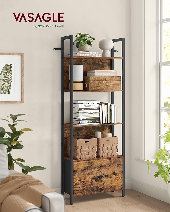 VASAGLE 5-Tier Bookshelf, Book Shelf with Drawer, Industrial Bookcase, with Steel Frame, for Living Room, Home Office, Bedroom, 9.4 x 23.6 x 65 Inches, Rustic Brown and Black ULLS147B01