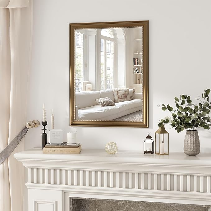 Axeman 28x36 Rectangular Wall Mirror, Decorative Bathroom Mirror, Traditional Vintage Wall Mounted Mirror with Beaded Frame for Accent Living Room Vanity Bedroom Entryway, Gold