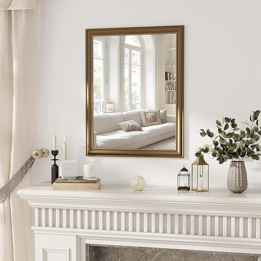 Axeman 28x36 Rectangular Wall Mirror, Decorative Bathroom Mirror, Traditional Vintage Wall Mounted Mirror with Beaded Frame for Accent Living Room Vanity Bedroom Entryway, Gold