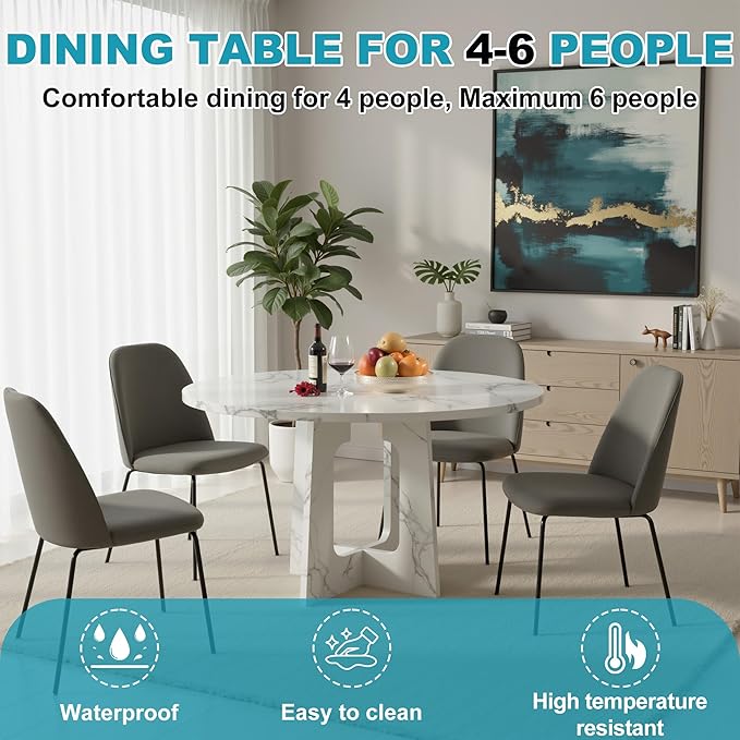 47" Round Dining Table for 4-6, Modern Small Dinner Table Farmhouse Round Kitchen Tables with Marble White Finish for Dining Room, Kitchen, Living Room, Marble White