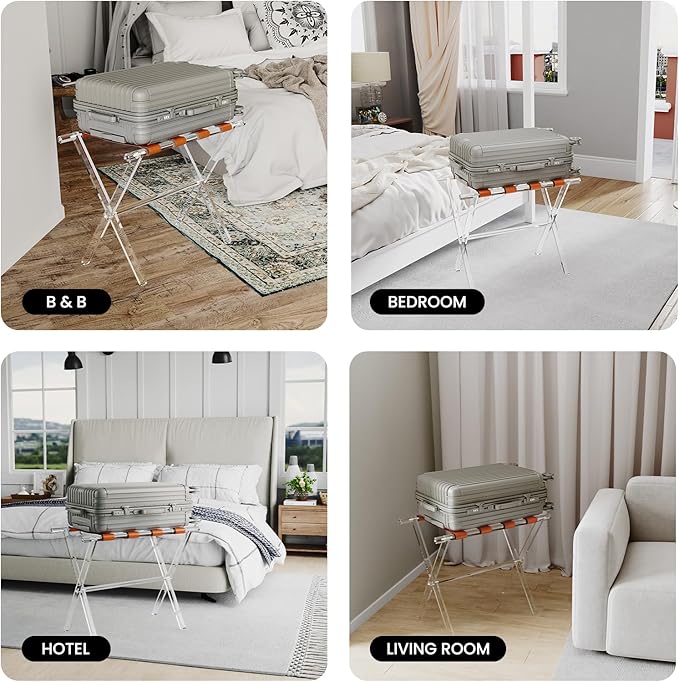 Sumerflos Acrylic Luggage Rack for Guest Room - Foldable Suitcase Stand with Leather Straps for Bedroom Living Room Hotel Heavy-Duty, Holds up to 50-100 lb lightweight Space Saving (Orange & Handle - 1 Pcs)