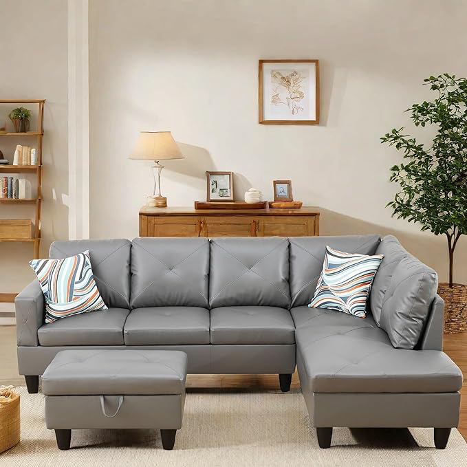 L Shaped Sectional Couch with Otttoman, 97" Leather Sectional Sofa for Living Room Modular Couches with Cup Holders for Bedroom, Apartments, Dark Grey