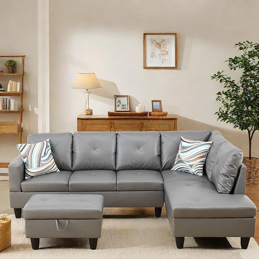 L Shaped Sectional Couch with Otttoman, 97" Leather Sectional Sofa for Living Room Modular Couches with Cup Holders for Bedroom, Apartments, Dark Grey