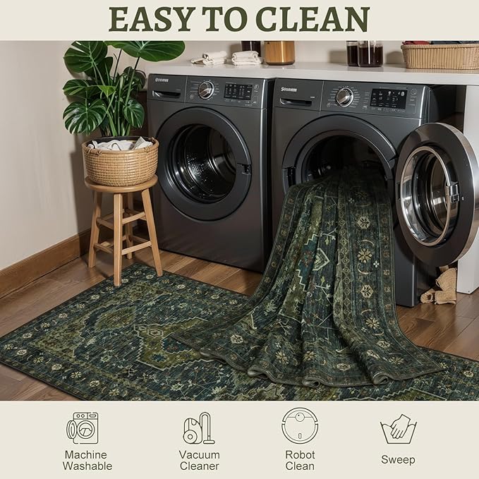 Tangsoo Washable Entryway Rugs Vintage Olive Green Rug 2x3 Non Slip Small Area Rug, Front Door Boho Rugs, Print Distressed Door Mat Indoor Entrance Soft Low Pile Throw Rug for Entry Kitchen Bedroom