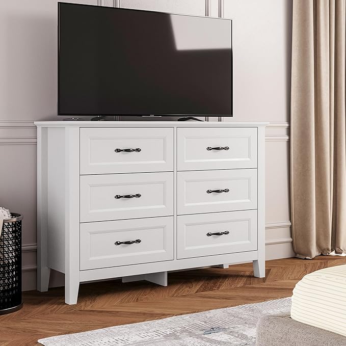 LINSY HOME 6 Drawers Dresser for Bedroom, 47" Wide Wooden Storage Chest with Antique Handles, Modern Farmhouse Dresser TV Stand with Wood Legs for Closet, Living Room, Hallway, White