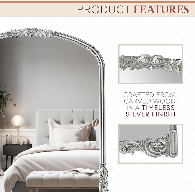 English Estate Carved Arch Wood Wall Mirror, Mirror for Entryway, Living Room, Bathroom, Antique Silver, 25.6x33.4