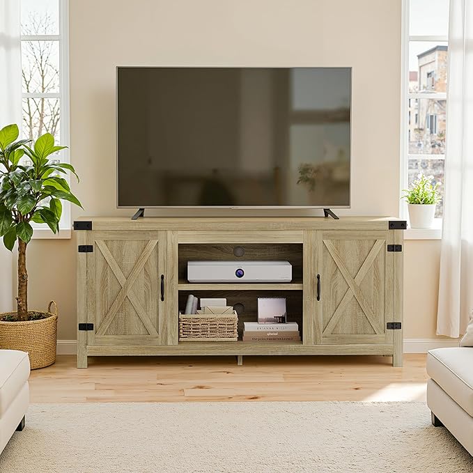 YESHOMY Modern Farmhouse TV Stand with Two Barn Doors and Storage Cabinets for Televisions up to 65+ Inch,Entertainment Center Console Table,Media Furniture for Living Room,Yellow Oak