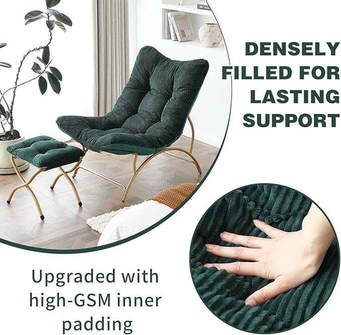 Welnow Accent Chair with Ottoman, Lounge Comfy Soft Leisure Metal Frame Reading Chair with Footrest, Upholstered Thick Cushion Seated Recliner Sofa for Living Room, Bedroom, Dorm, Dark Green