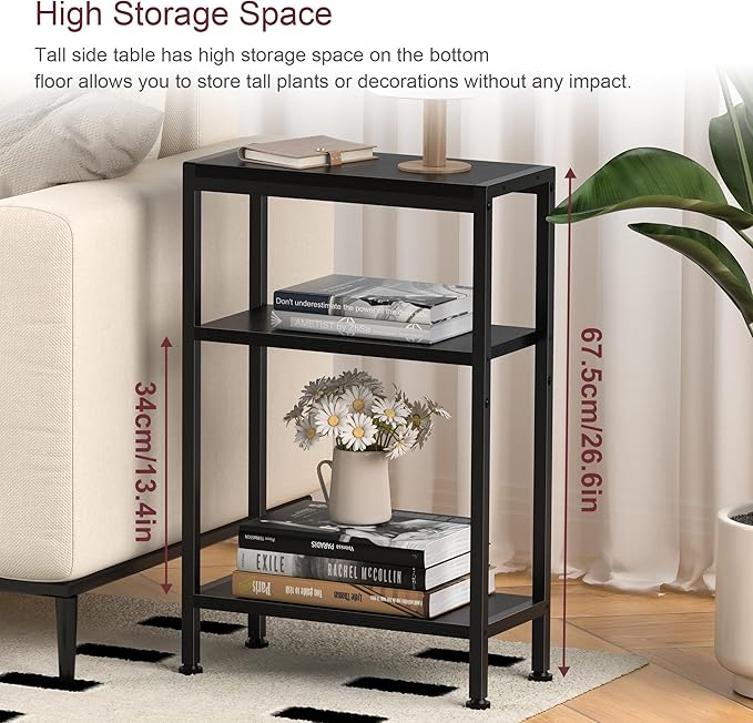 Narrow Side Table for Small Space, 3-Tier Small End Table with Shelf Holder, Slim Nightstand, Skinny Snack Couch Table in Living Room, Bedroom, Study, Kitchen and Balcony（Black