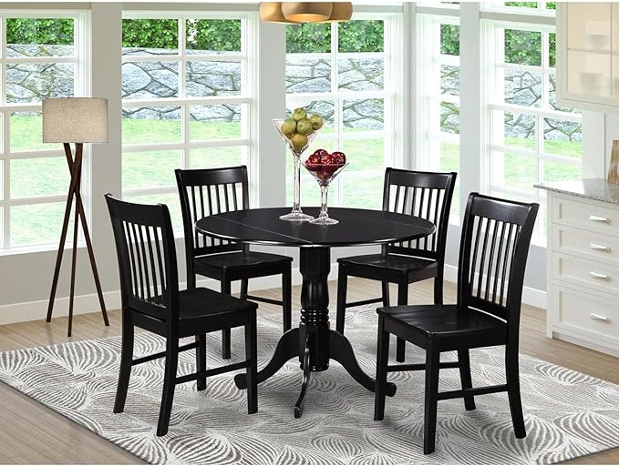 East West Furniture DLNO5-BLK-W 5 Piece Dinette Set for 4 Includes a Round Dining Room Table with Dropleaf and 4 Kitchen Dining Chairs, 42x42 Inch, Black