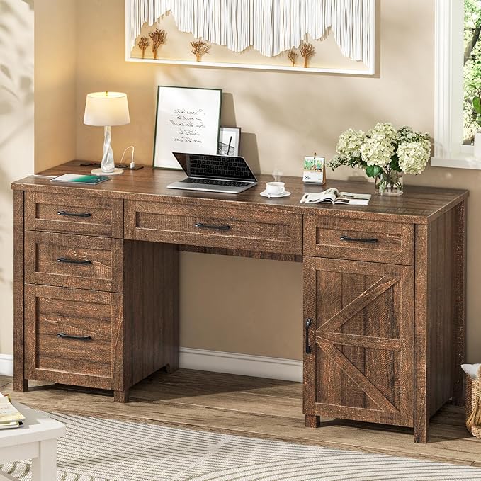 Farmhouse 61'' Executive Desk with 5 Drawers, Rustic Office Desk Computer Desk with Charging Station, File Drawers and Storage Cabinet, Wood Workstation for Study and Home Office, Red-Brown.