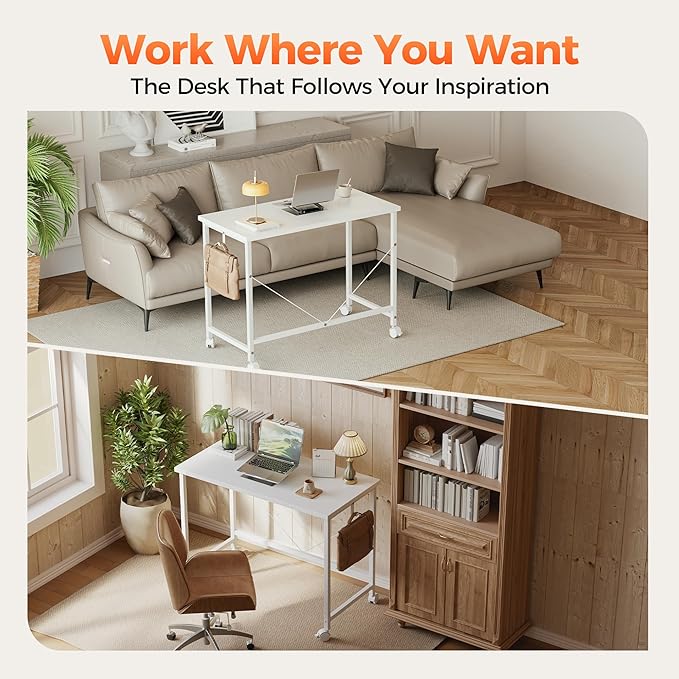 Rolling Computer Desk with Wheels, Gaming Desk for Small Spaces, Modern Simple Style Table for Home Office, Study Writing Table (Caster, White, 32 inch)