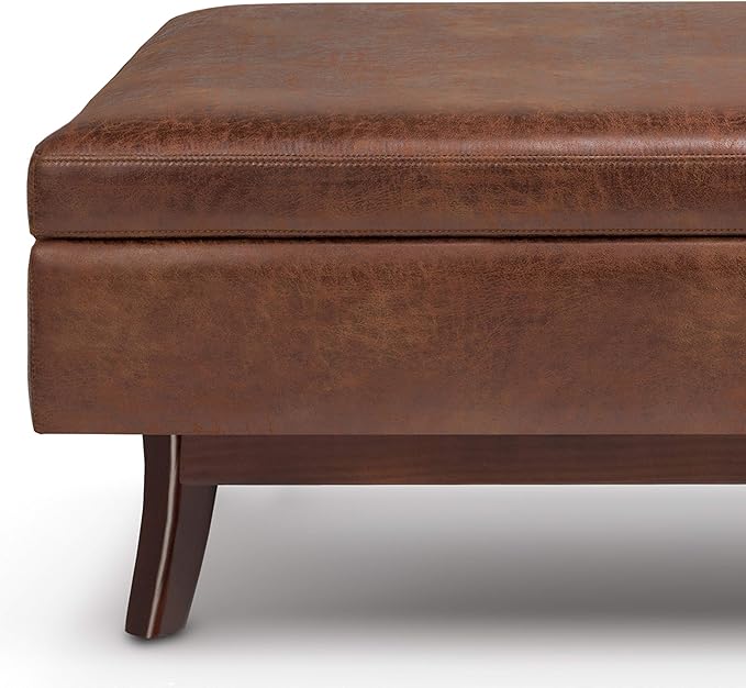 SIMPLIHOME Owen 48 inch Wide Mid Century Modern Rectangle Rectangular Storage Ottoman in Distressed Saddle Brown Vegan Faux Leather, Assembled, for the Living Room, Entryway and Family Room