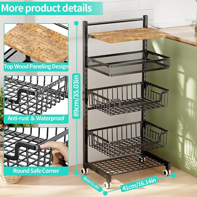 HapiRm Fruit Basket Kitchen Cart - 5 Tier Adjustable Vegetable Storage Rack, Large Capacity Rolling Kitchen Carts on Wheels for Snack Onion and Potato Storage