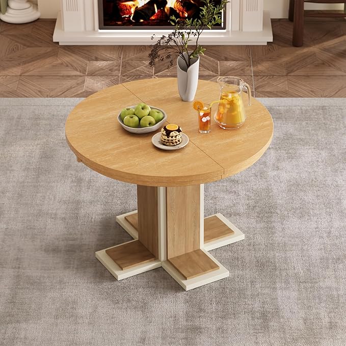 Ball & Cast Farmhouse Extendable Dining Table for 4-6, 42"-58" Extendable Kitchen-Table with a 16" Leaf, Round Ellipse Retro Wood Dining Room-Table w/Double Layer Base,Two Tone Color, Natural
