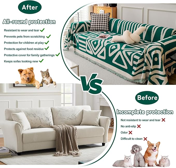 HANDONTIME Couch Cover Boho Sofa Covers Washable Forest Green Dog Covers for Couches Reversible Couch Blanket Cover Geometric Armchair Covers Dark Green, 59" X71"
