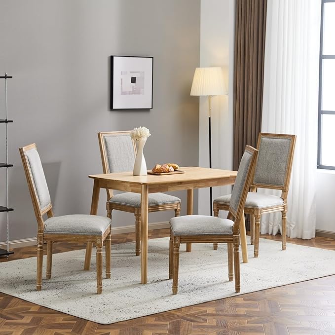 Merax Upholstered Solid Wood Dining Chairs Set of 4, French Country Style Accent Side Seating Furniture for Kitchen, Living Room, Cushioned Back, Grayish Green