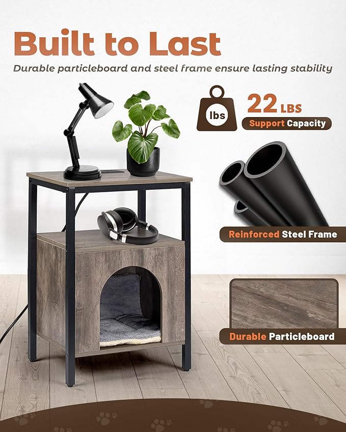 Cat End Table with Charging Station, Indoor Cat House Side Table with Bed, Cat Cave Hideaway Night Stand, Greige