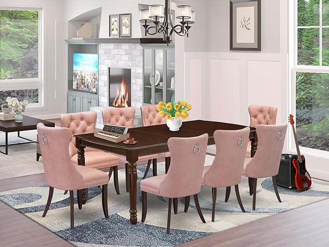 East West Furniture DODA9-MAH-23 9 Piece Kitchen Table Set Includes a Rectangle Dining Table with Butterfly Leaf and 8 Polyester Fabric Upholstered Chairs, 42x78 Inch, Mahogany
