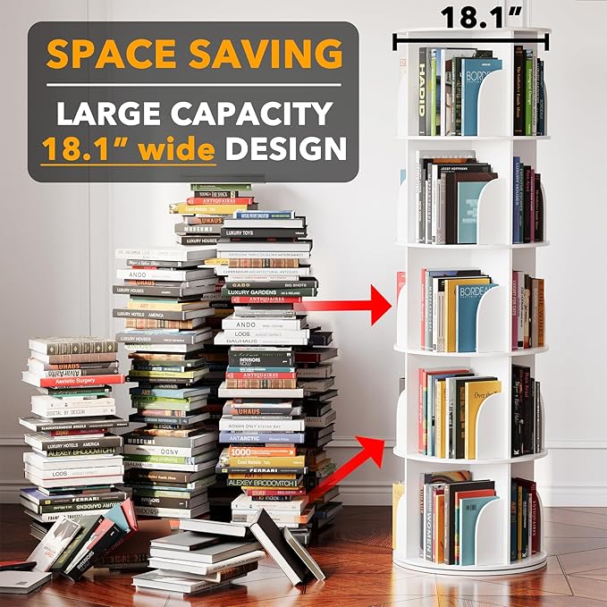 SpaceAid 5 Tier Rotating Bookshelf Tower, Spinning Bookcase Lazy Susan, Revolving 360 Book Shelf Storage Round Carousel, Vertical Rotate Turning Spiral Corner Organizer, White