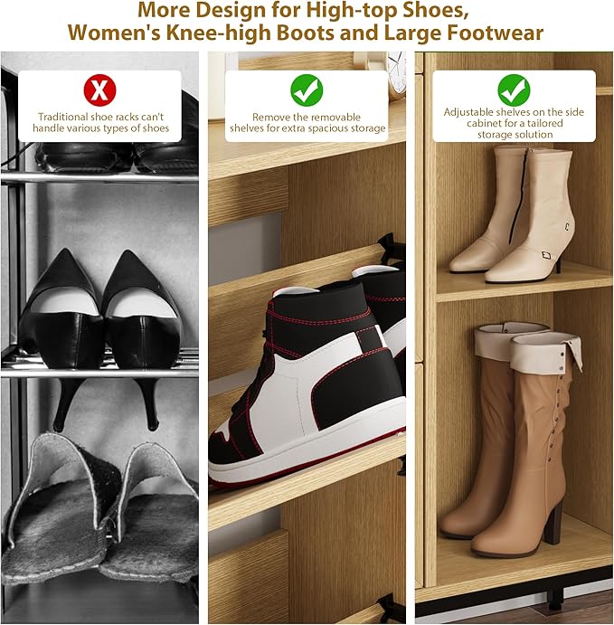 GarveeHome Shoe Cabinet Rattan with 3 Flip Drawers and 4-Tier Shoe Storage Cabinet, Freestanding Shoe Organizer with Adjustable Shelves for Entryway, Closet, Hallway (Oak)