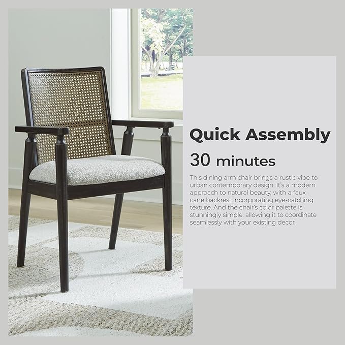 Signature Design by Ashley Galliden Rustic Solid Wood Upholstered Dining Arm Chair with Faux Cane Backrest, Set of 2, Light Brown & Black