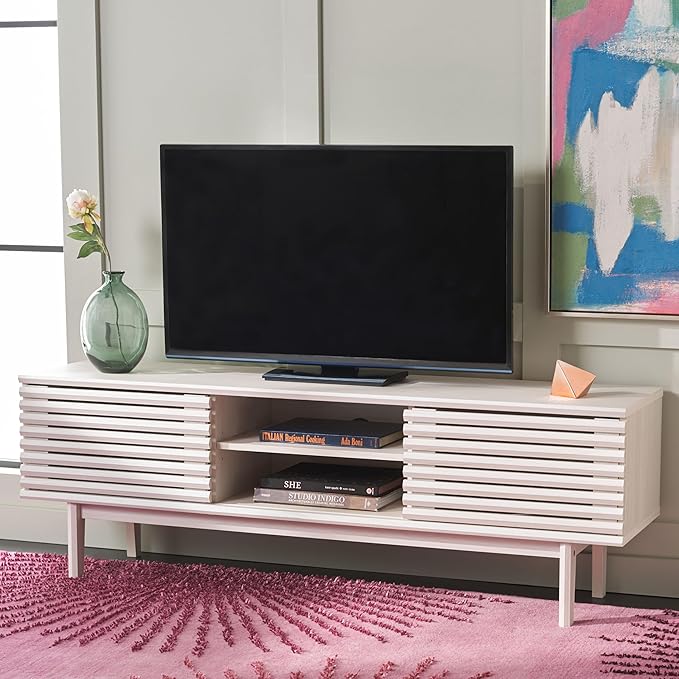 SAFAVIEH Aricia TV Stand for up to 65" Flatscreen – Bleached White, 2 Sliding Doors with Interior Storage, 1 Open Shelf, Entertainment Media Console (MED9633C)
