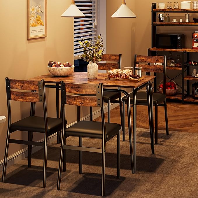Dining Table for 4, Small Table and Chairs Set of 4, Square Dinette Set for 4, 5 Piece Kitchen & Dining Room Sets for Small Space (Vintage, Table with 4 Upholstered Chairs)
