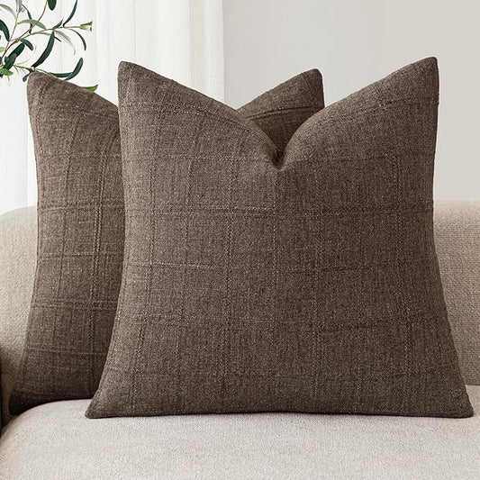Foindtower Set of 2 Decorative Linen Check Throw Pillow Covers Neutral Farmhouse Vintage Cushion Covers Modern Boho Home Decor for Sofa Chair Couch Bedroom Living Room Outdoor,24×24 Inch,Dark Brown