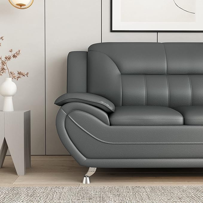 Container Furniture Direct Michael Modern Faux Leather Upholstered Stainless Steel Legs Living Room Loveseat, Sleek Gray
