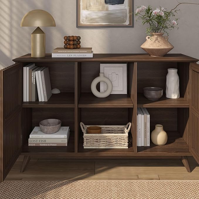 Plank+Beam Mid-Century Modern Wood TV Stand, Solid Wood Entertainment Console with Storage, 49" L x 16" W x 30" H, Walnut