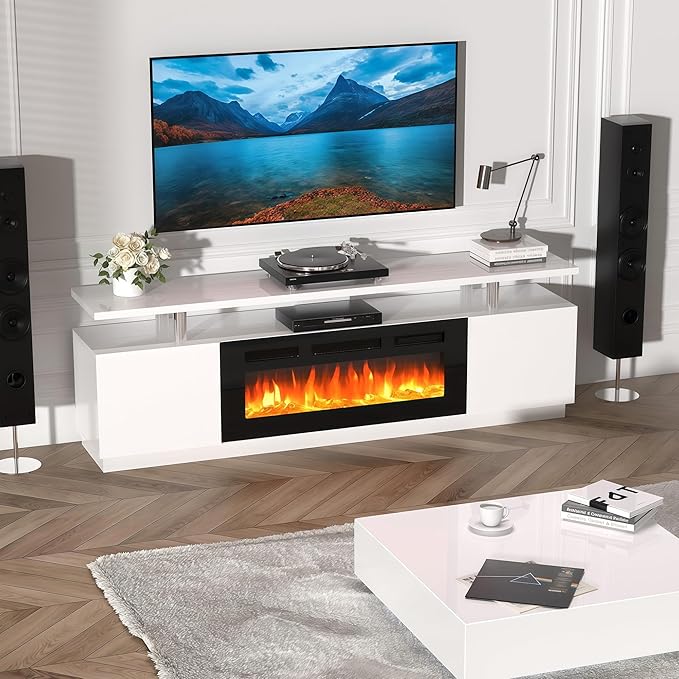 70" Fireplace TV Stand for TVs Up to 80", Entertainment Center with 36inch Fireplace, 12 Flame & LED Colors, 2-Tier TV Console & Storage Cabinet