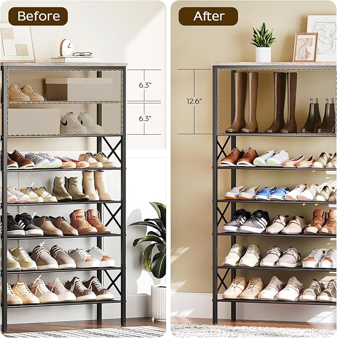 8 Tier Shoe Rack, Shoe Storage Organizer, Large Capacity Shoe Shelf Holds 32 Pairs of Shoes, Durable and Stable, for Entryway, Hallway, Closet, Dorm Room, Greige and Black SS08BG