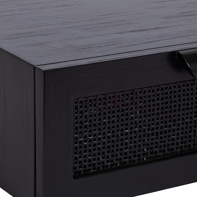 Kate and Laurel Ori Transitional Cane Rattan Floating Side Table with Pull-Out Storage Drawer, 18x13x6, Black