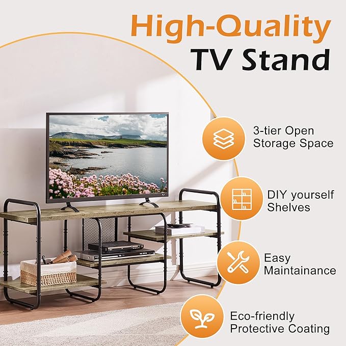 VECELO TV Stands for 75 Inch,Entertainment Center/Media Console Table with Adjustable Storage Shelves for Living Room/Bedroom,Grey